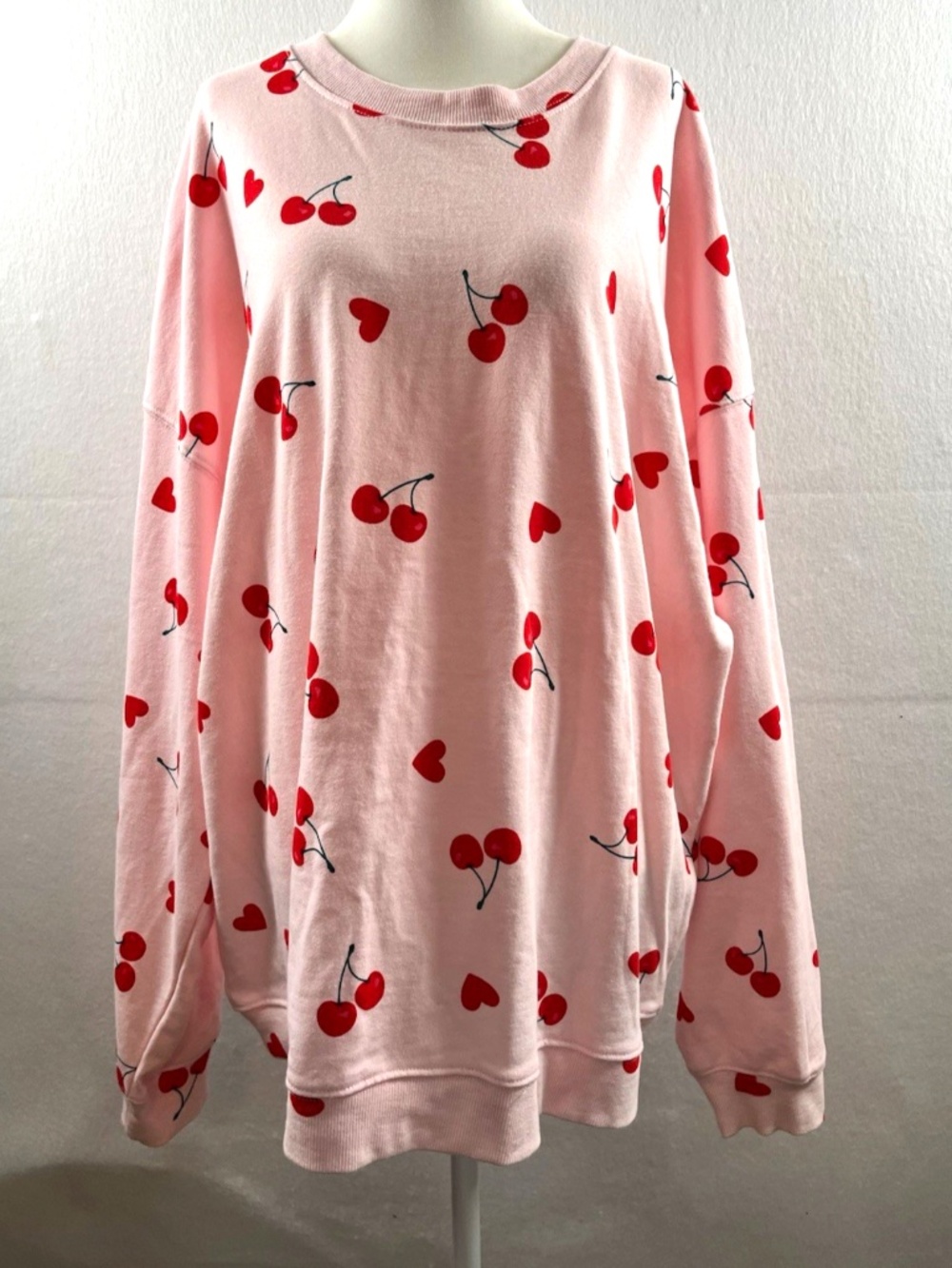 Grayson Threads Pink Cherry Heart Print Fleece Crewneck Pullover Sweatshirt XXL